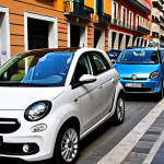 **

> A variety of cars on a Spanish city street (Madrid or Barcelona), showcasing small/medium cars (Smart Forfour, Fiat 500) parked alongside larger SUVs/MPVs (Volkswagen Touran). Include electric vehicle charging stations. Focus on the mix of vehicle types preferred by local buyers, highlighting both traditional and modern car styles.

**