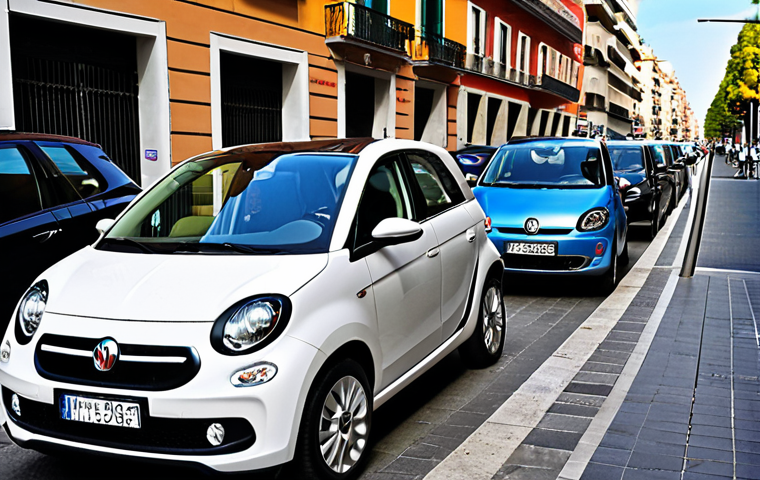 **

> A variety of cars on a Spanish city street (Madrid or Barcelona), showcasing small/medium cars (Smart Forfour, Fiat 500) parked alongside larger SUVs/MPVs (Volkswagen Touran). Include electric vehicle charging stations. Focus on the mix of vehicle types preferred by local buyers, highlighting both traditional and modern car styles.

**